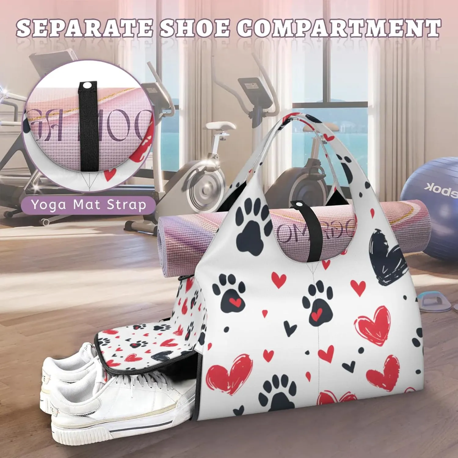 Gym Bag for Women Paw Print Love Heart Duffel Bag with Shoe Compartment and Yoga Mat Holder Portable Weekender Bags Travel Tote Bags