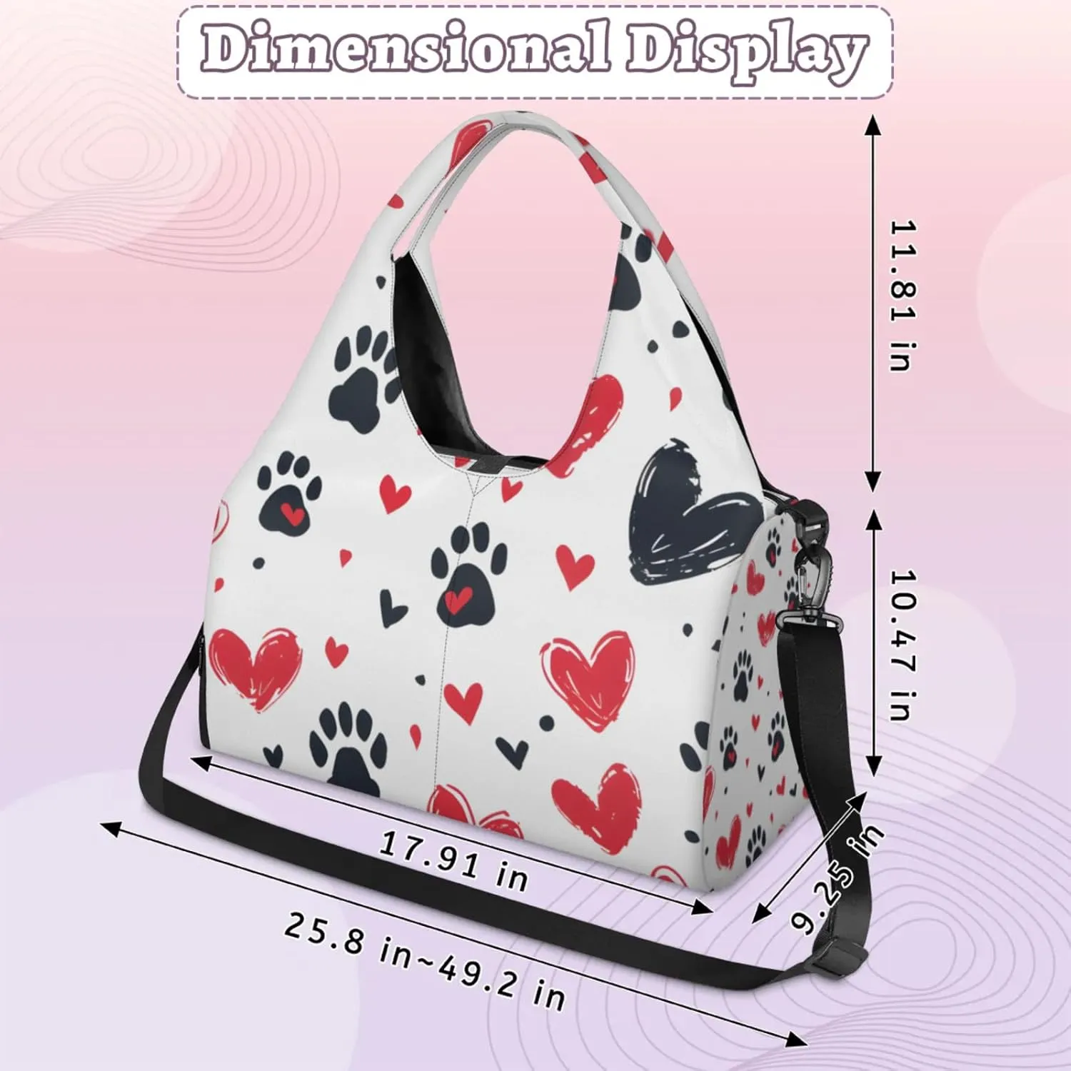 Gym Bag for Women Paw Print Love Heart Duffel Bag with Shoe Compartment and Yoga Mat Holder Portable Weekender Bags Travel Tote Bags