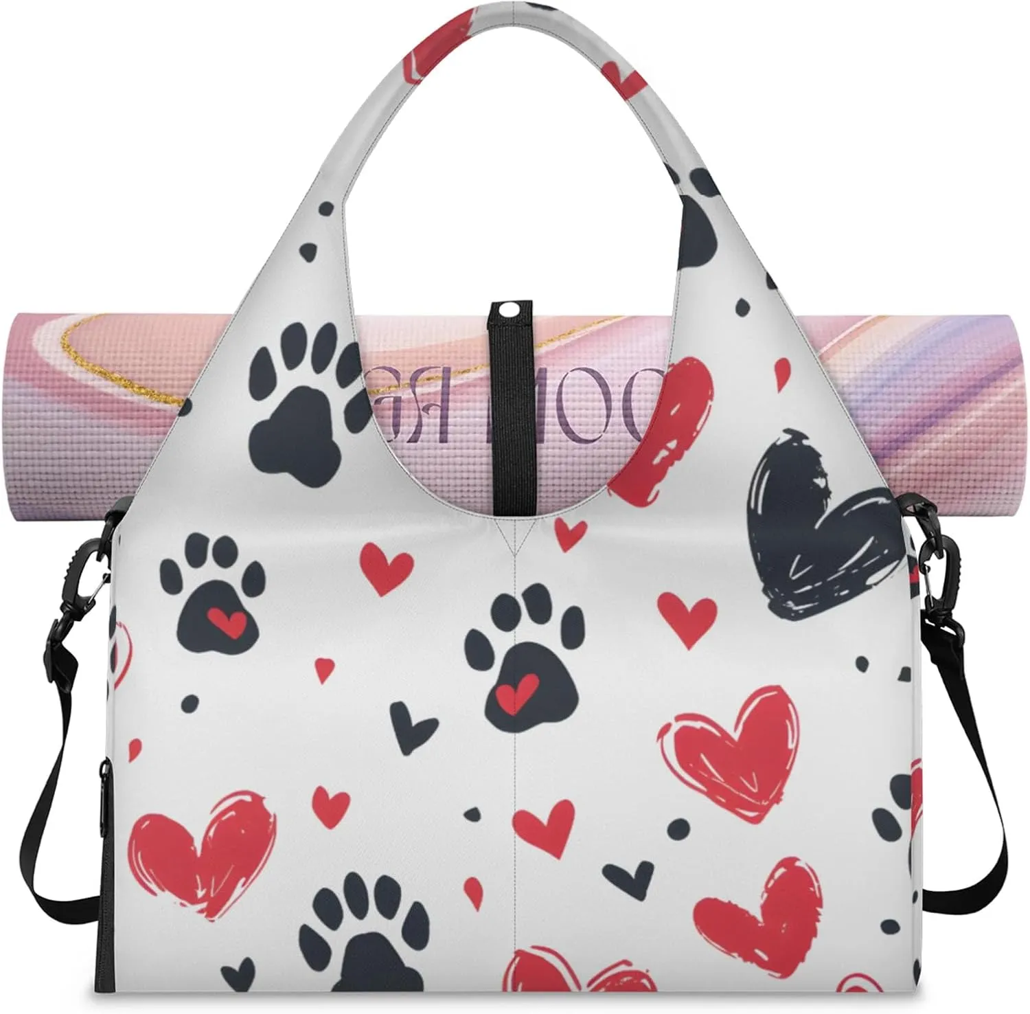 Gym Bag for Women Paw Print Love Heart Duffel Bag with Shoe Compartment and Yoga Mat Holder Portable Weekender Bags Travel Tote Bags
