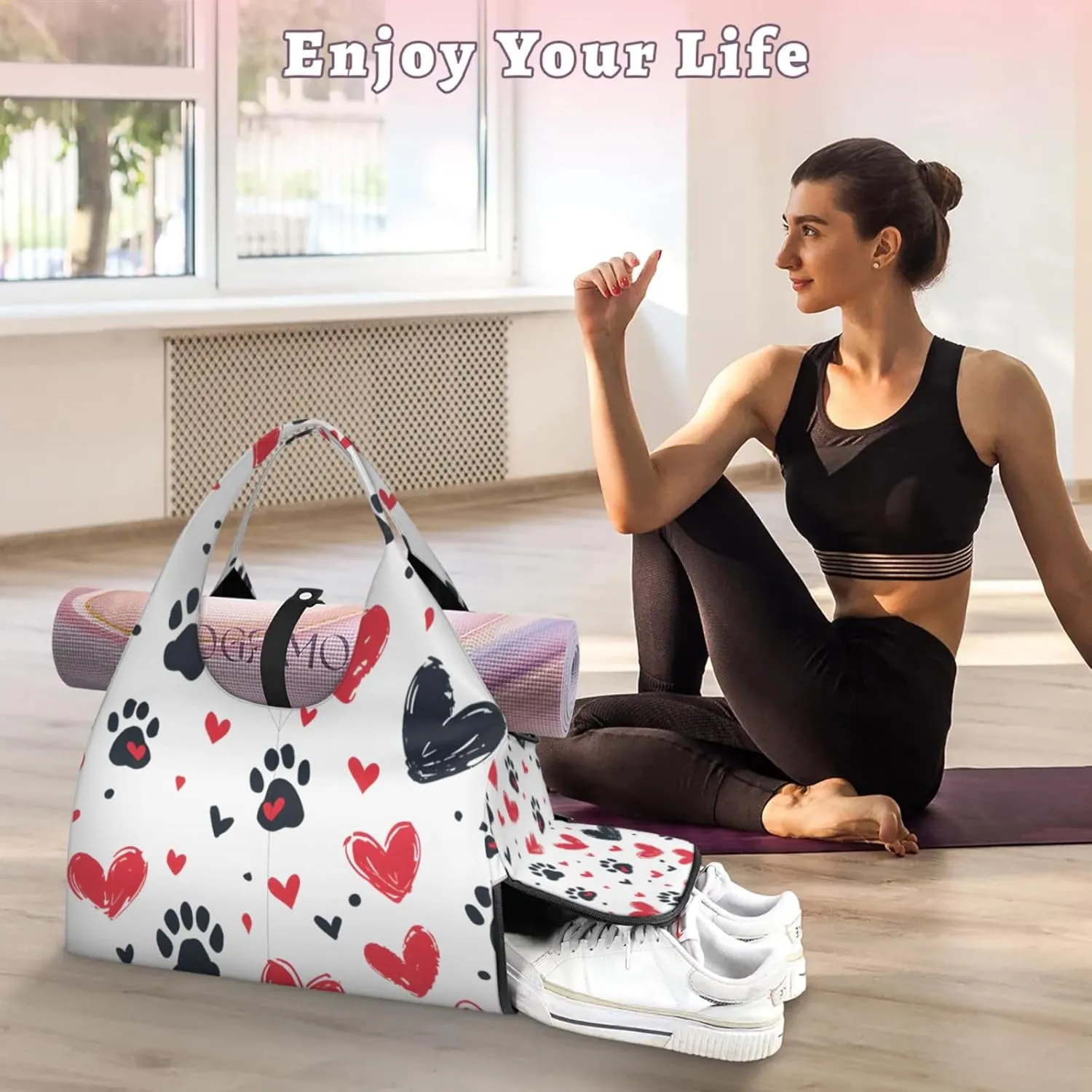 Gym Bag for Women Paw Print Love Heart Duffel Bag with Shoe Compartment and Yoga Mat Holder Portable Weekender Bags Travel Tote Bags