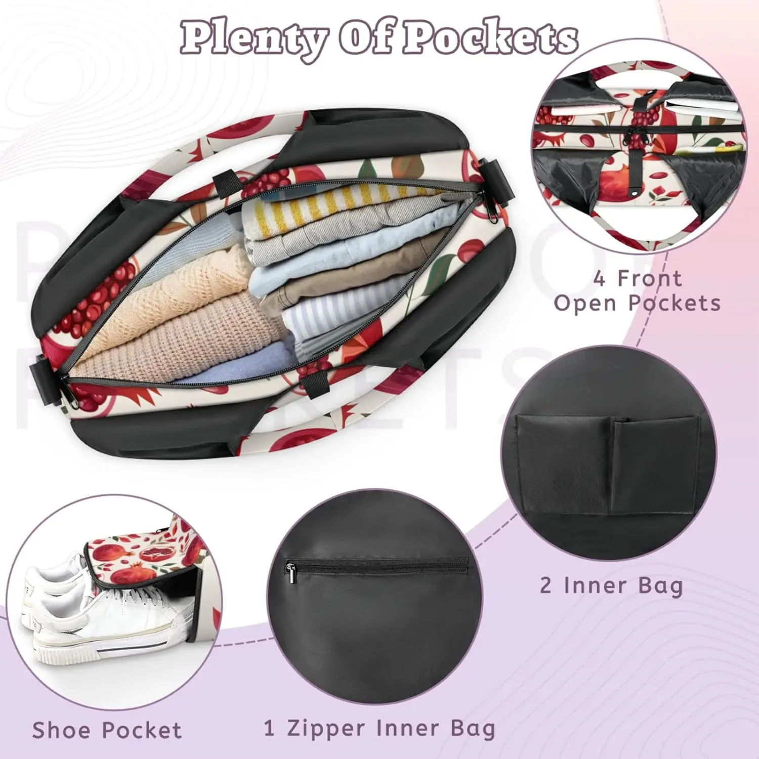 Gym Bag for Women Pomegranate Leaf Duffel Bag with Shoe Compartment and Yoga Mat Holder Portable Weekender Bags Travel Tote Bags
