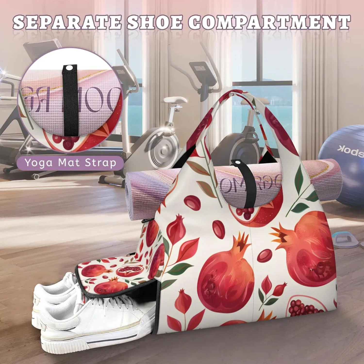Gym Bag for Women Pomegranate Leaf Duffel Bag with Shoe Compartment and Yoga Mat Holder Portable Weekender Bags Travel Tote Bags