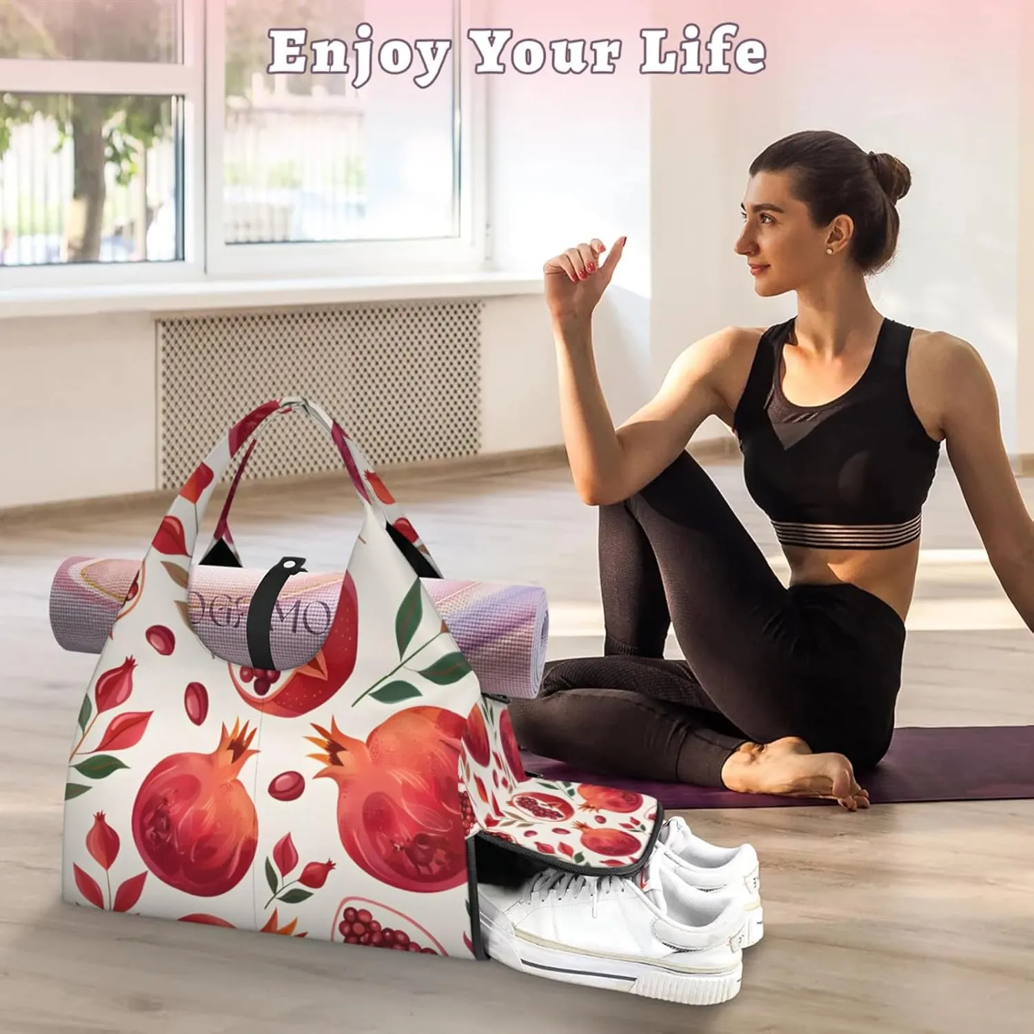 Gym Bag for Women Pomegranate Leaf Duffel Bag with Shoe Compartment and Yoga Mat Holder Portable Weekender Bags Travel Tote Bags