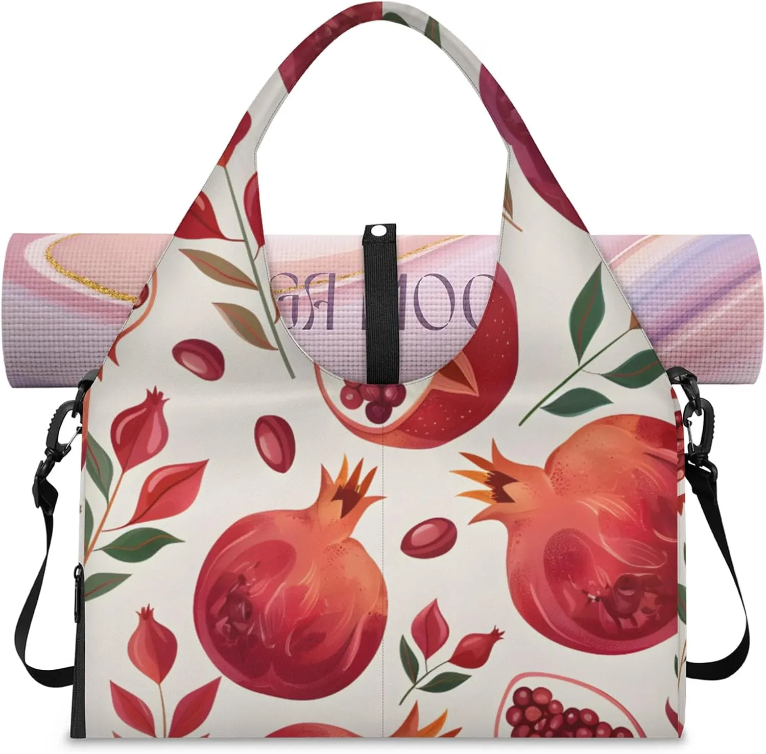 Gym Bag for Women Pomegranate Leaf Duffel Bag with Shoe Compartment and Yoga Mat Holder Portable Weekender Bags Travel Tote Bags