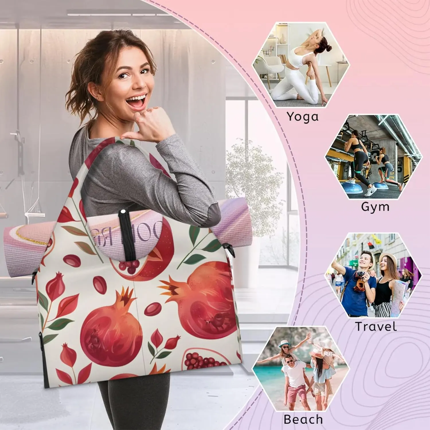Gym Bag for Women Pomegranate Leaf Duffel Bag with Shoe Compartment and Yoga Mat Holder Portable Weekender Bags Travel Tote Bags