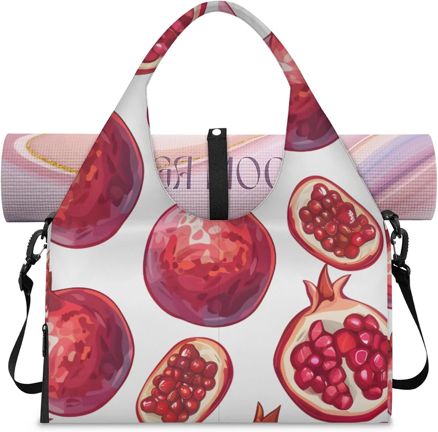 Gym Bag for Women Pomegranate Print Duffel Bag with Shoe Compartment and Yoga Mat Holder Portable Weekender Bags Travel Tote Bags