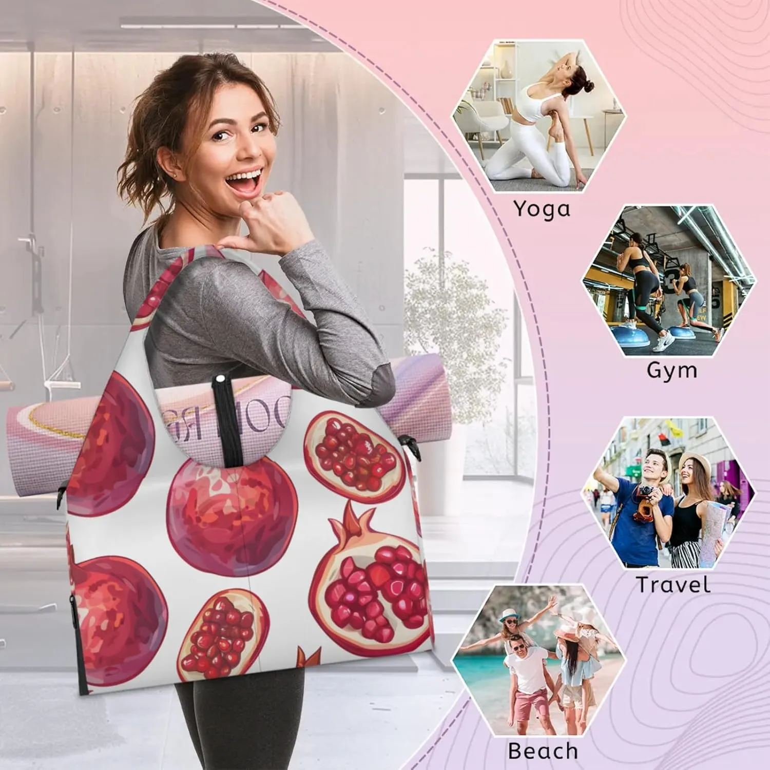 Gym Bag for Women Pomegranate Print Duffel Bag with Shoe Compartment and Yoga Mat Holder Portable Weekender Bags Travel Tote Bags