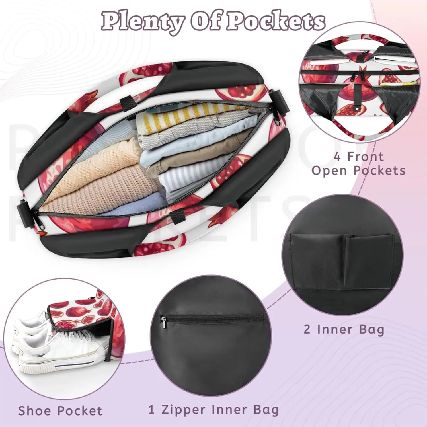 Gym Bag for Women Pomegranate Print Duffel Bag with Shoe Compartment and Yoga Mat Holder Portable Weekender Bags Travel Tote Bags