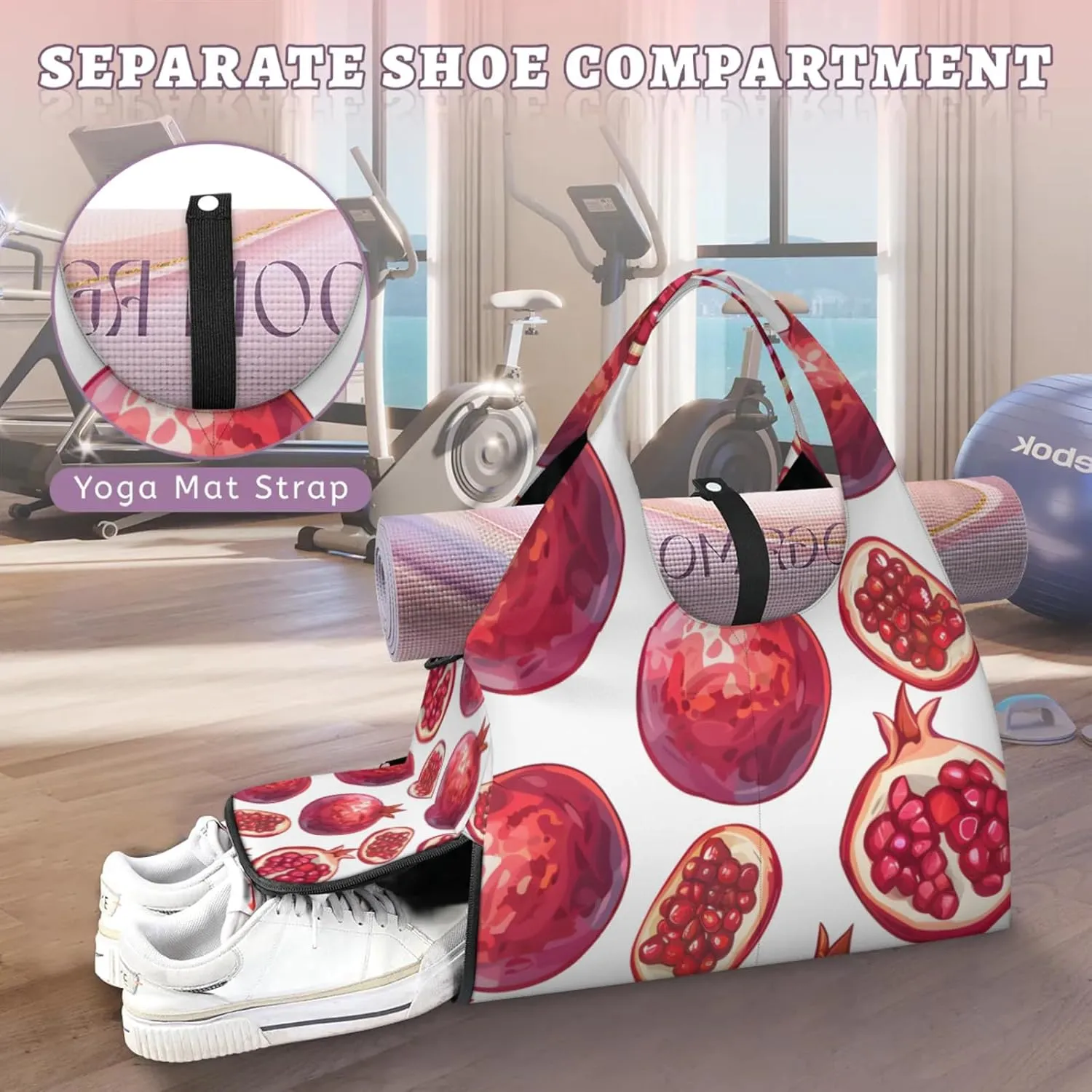 Gym Bag for Women Pomegranate Print Duffel Bag with Shoe Compartment and Yoga Mat Holder Portable Weekender Bags Travel Tote Bags