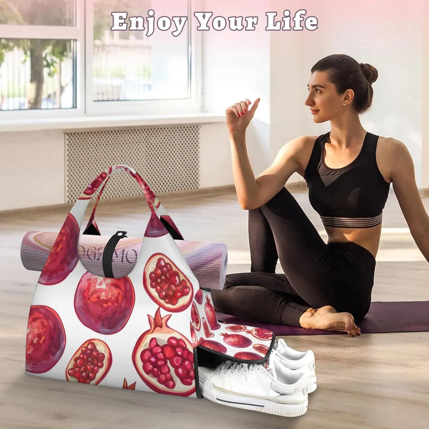 Gym Bag for Women Pomegranate Print Duffel Bag with Shoe Compartment and Yoga Mat Holder Portable Weekender Bags Travel Tote Bags