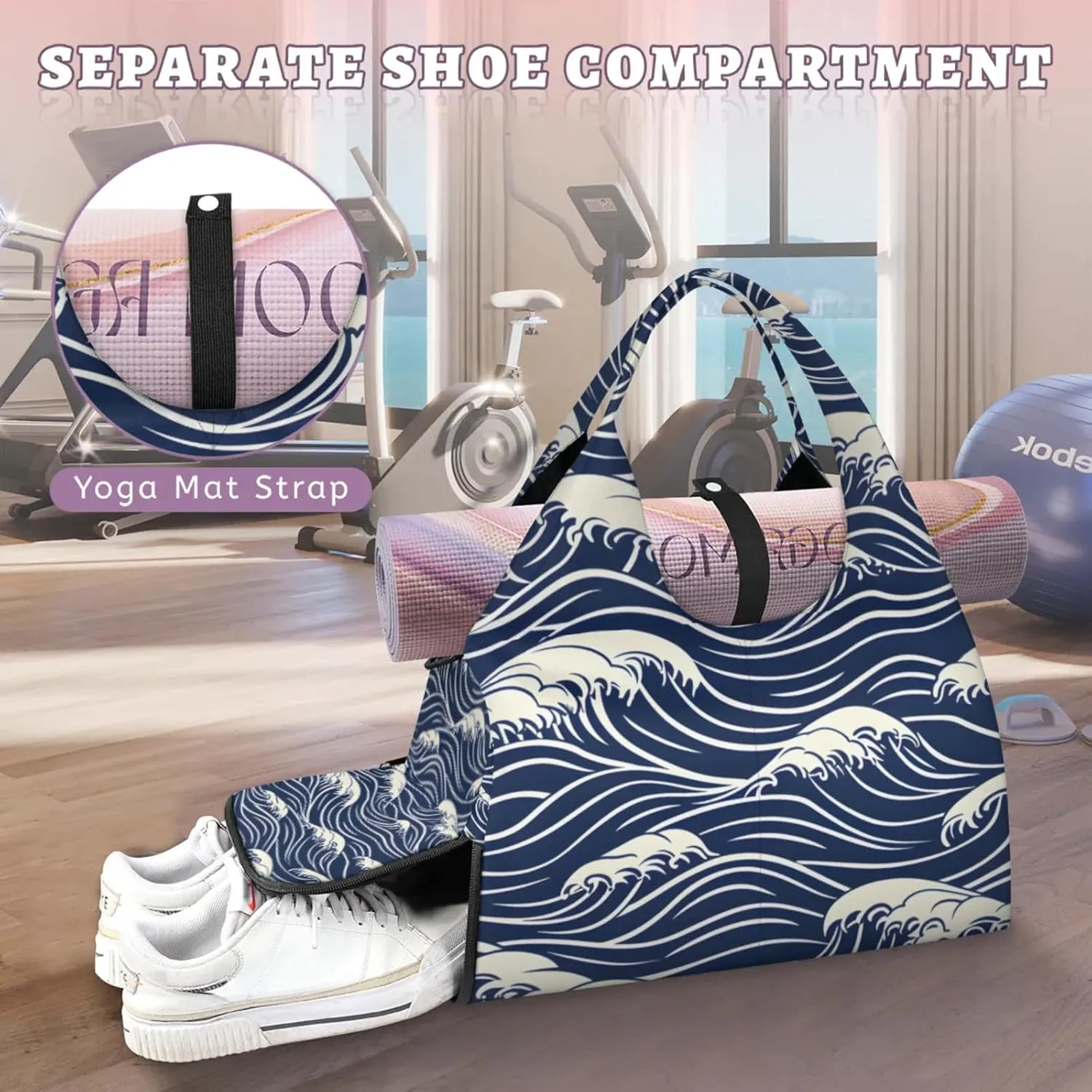 Gym Bag for Women Seawater Print Duffel Bag with Shoe Compartment and Yoga Mat Holder Portable Weekender Bags Travel Tote Bags