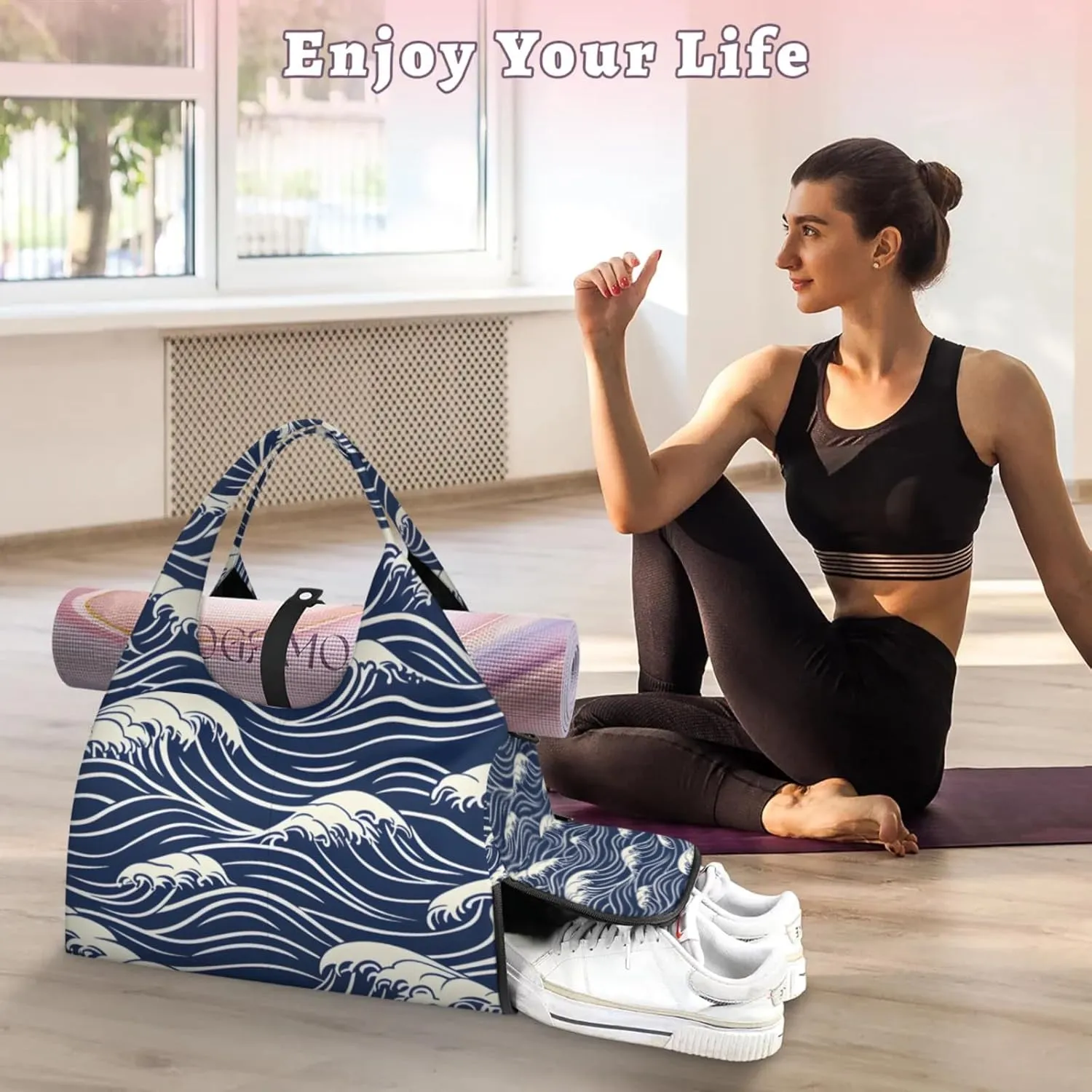 Gym Bag for Women Seawater Print Duffel Bag with Shoe Compartment and Yoga Mat Holder Portable Weekender Bags Travel Tote Bags