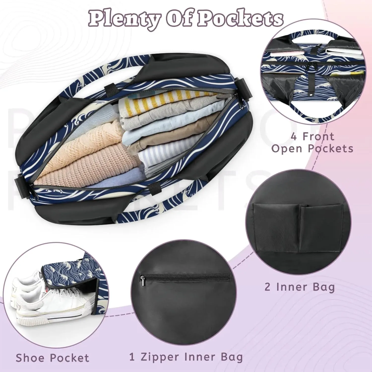 Gym Bag for Women Seawater Print Duffel Bag with Shoe Compartment and Yoga Mat Holder Portable Weekender Bags Travel Tote Bags