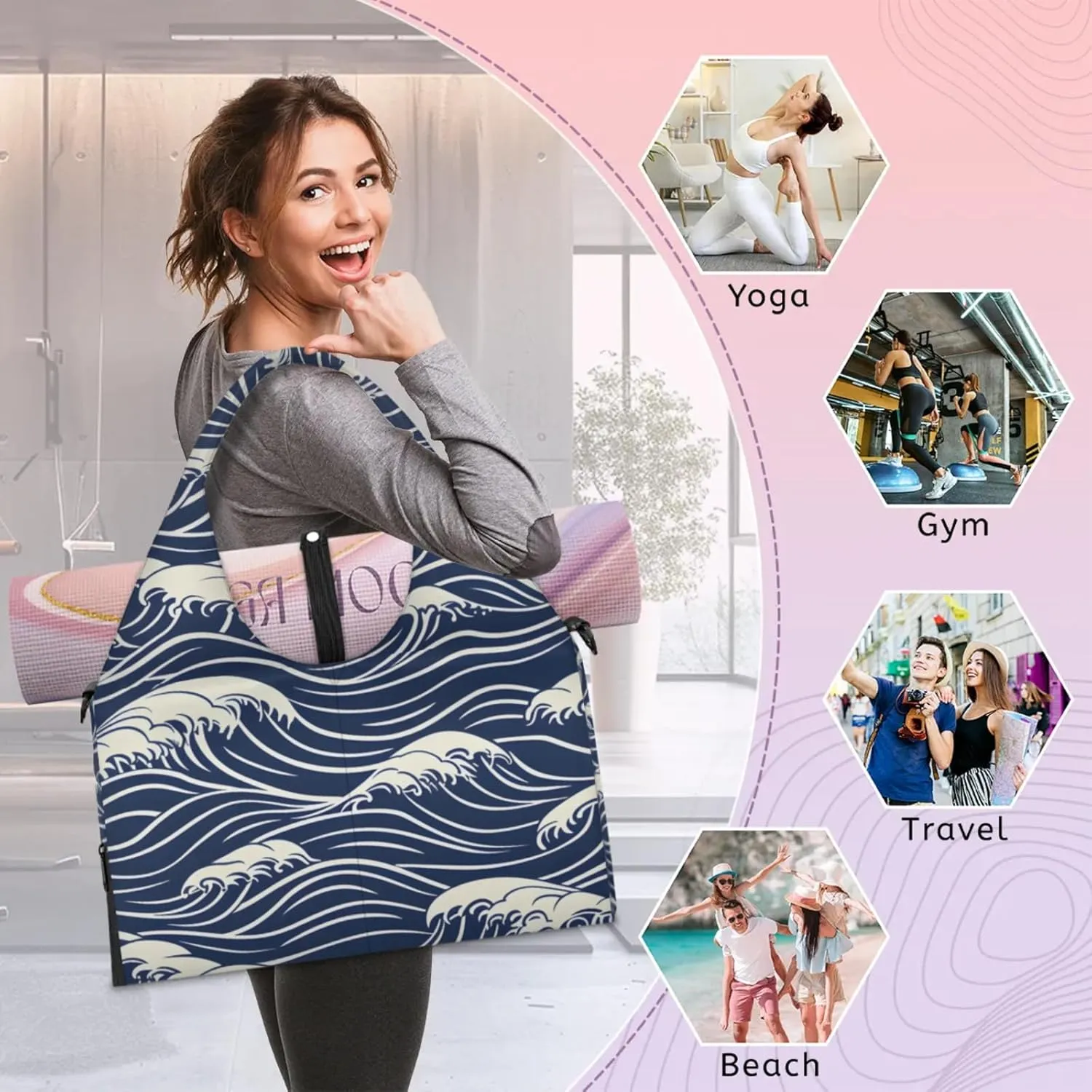Gym Bag for Women Seawater Print Duffel Bag with Shoe Compartment and Yoga Mat Holder Portable Weekender Bags Travel Tote Bags