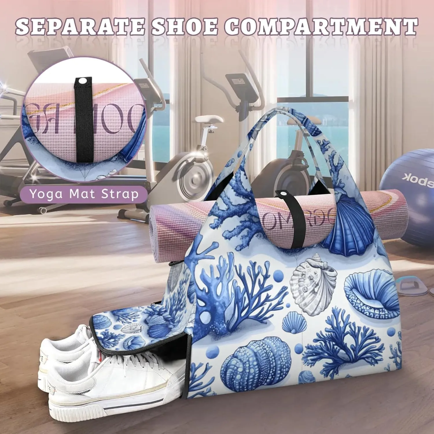Gym Bag for Women Shells Coral Duffel Bag with Shoe Compartment and Yoga Mat Holder Portable Weekender Bags Travel Tote Bags
