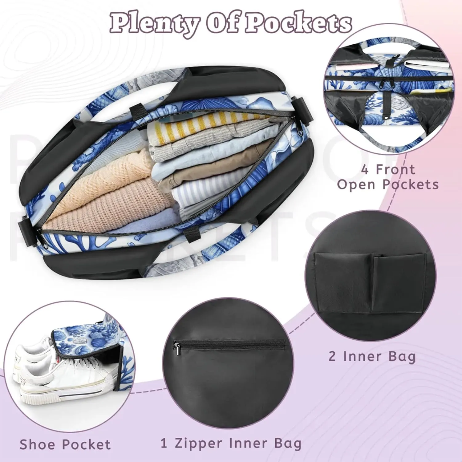 Gym Bag for Women Shells Coral Duffel Bag with Shoe Compartment and Yoga Mat Holder Portable Weekender Bags Travel Tote Bags