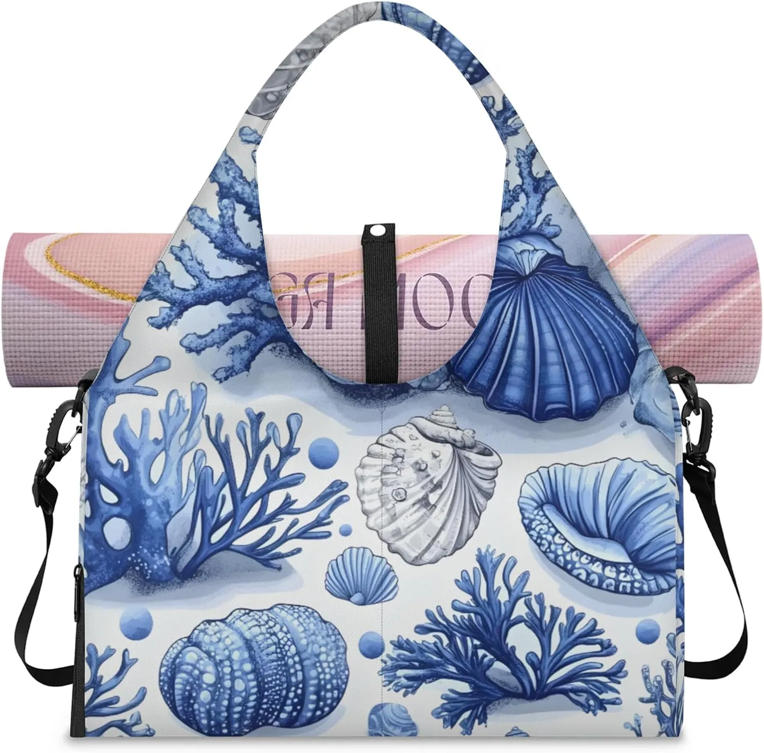Gym Bag for Women Shells Coral Duffel Bag with Shoe Compartment and Yoga Mat Holder Portable Weekender Bags Travel Tote Bags