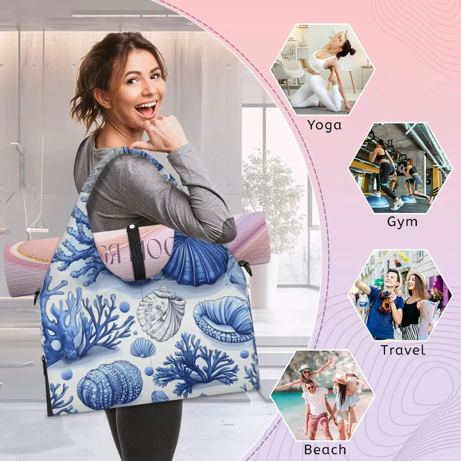 Gym Bag for Women Shells Coral Duffel Bag with Shoe Compartment and Yoga Mat Holder Portable Weekender Bags Travel Tote Bags