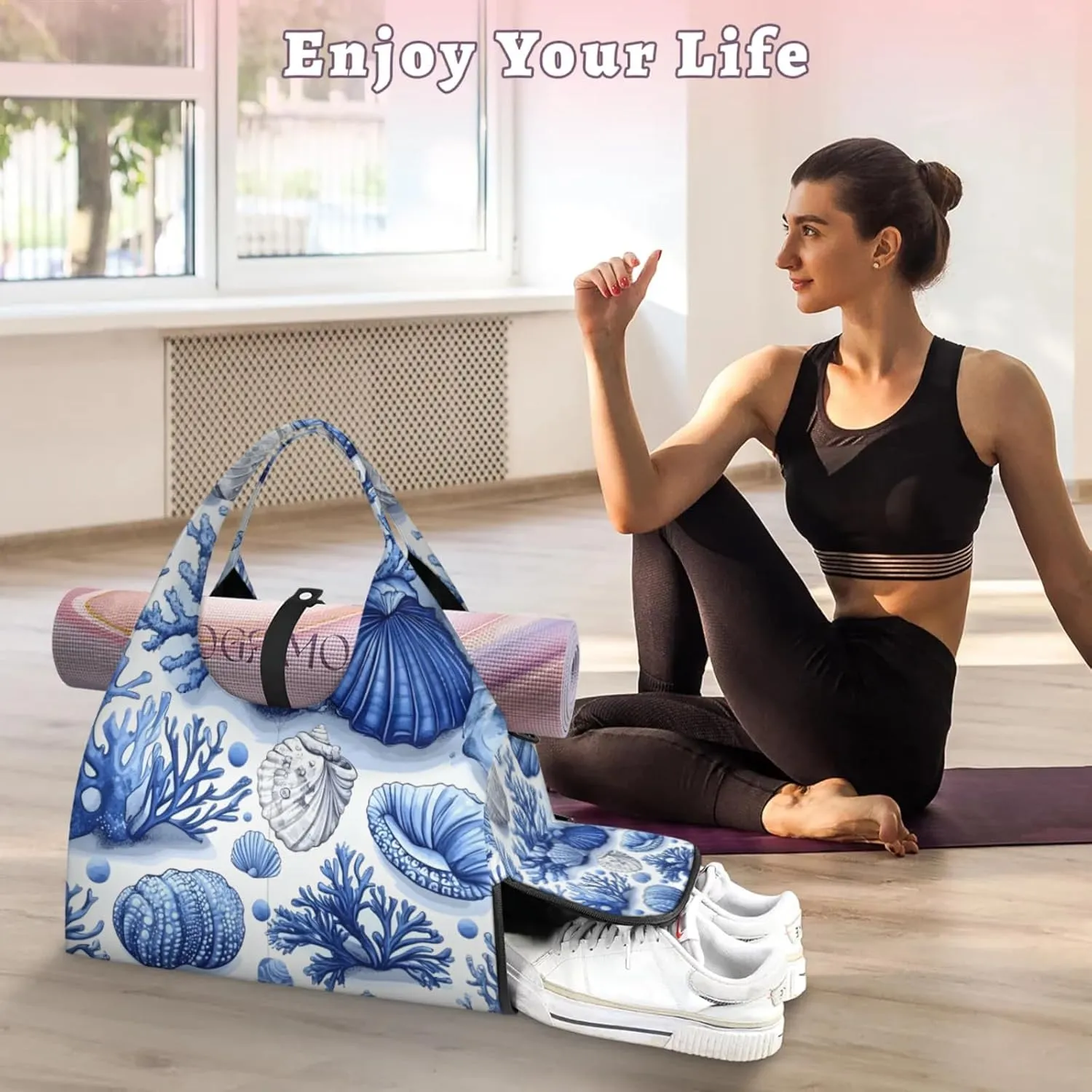 Gym Bag for Women Shells Coral Duffel Bag with Shoe Compartment and Yoga Mat Holder Portable Weekender Bags Travel Tote Bags