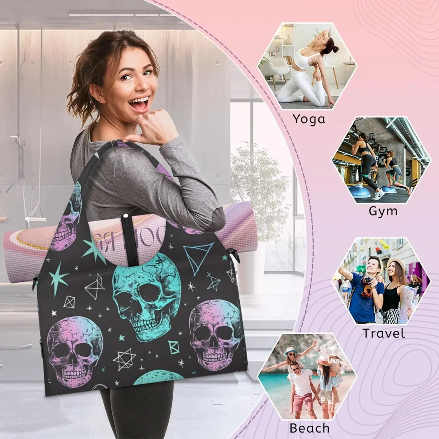 Gym Bag for Women Skull Star Moon Duffel Bag with Shoe Compartment and Yoga Mat Holder Portable Weekender Bags Travel Tote Bags