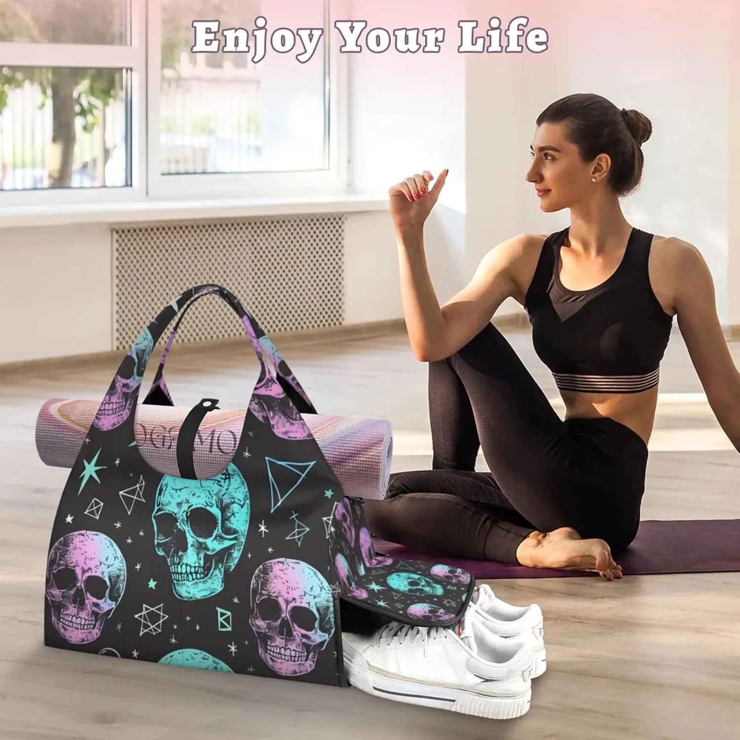 Gym Bag for Women Skull Star Moon Duffel Bag with Shoe Compartment and Yoga Mat Holder Portable Weekender Bags Travel Tote Bags
