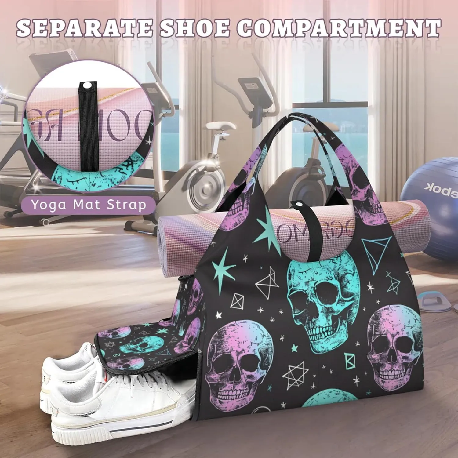 Gym Bag for Women Skull Star Moon Duffel Bag with Shoe Compartment and Yoga Mat Holder Portable Weekender Bags Travel Tote Bags