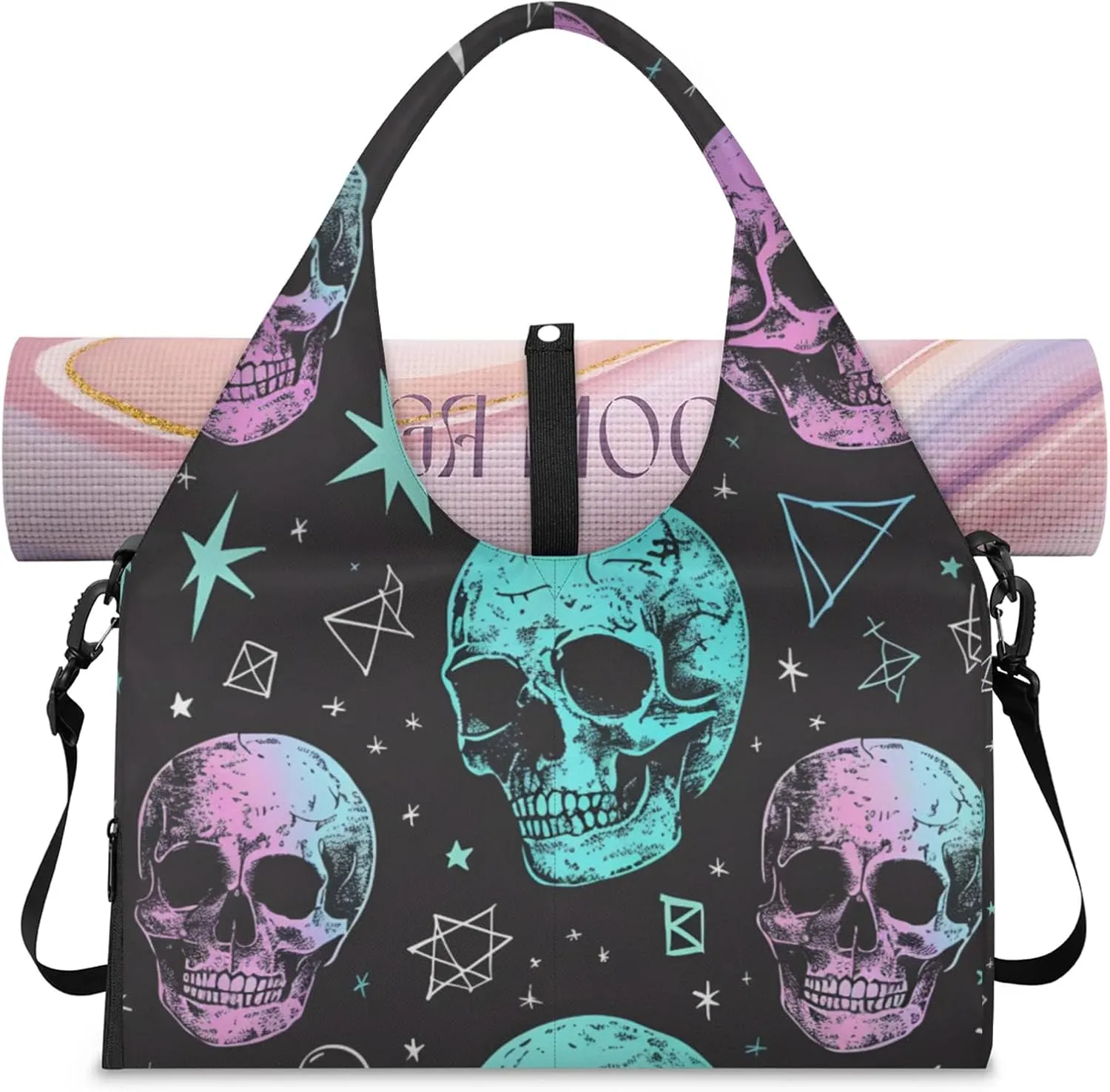 Gym Bag for Women Skull Star Moon Duffel Bag with Shoe Compartment and Yoga Mat Holder Portable Weekender Bags Travel Tote Bags