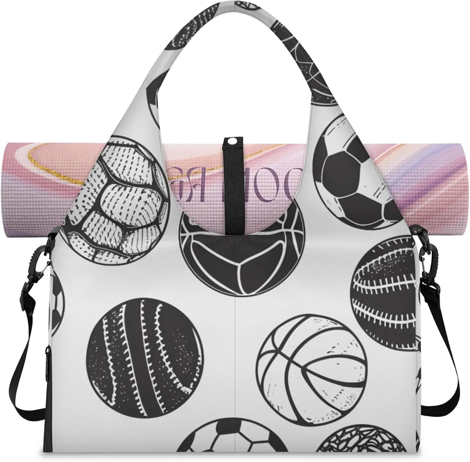 Gym Bag for Women Sport Ball Print Duffel Bag with Shoe Compartment and Yoga Mat Holder Portable Weekender Bags Travel Tote Bags