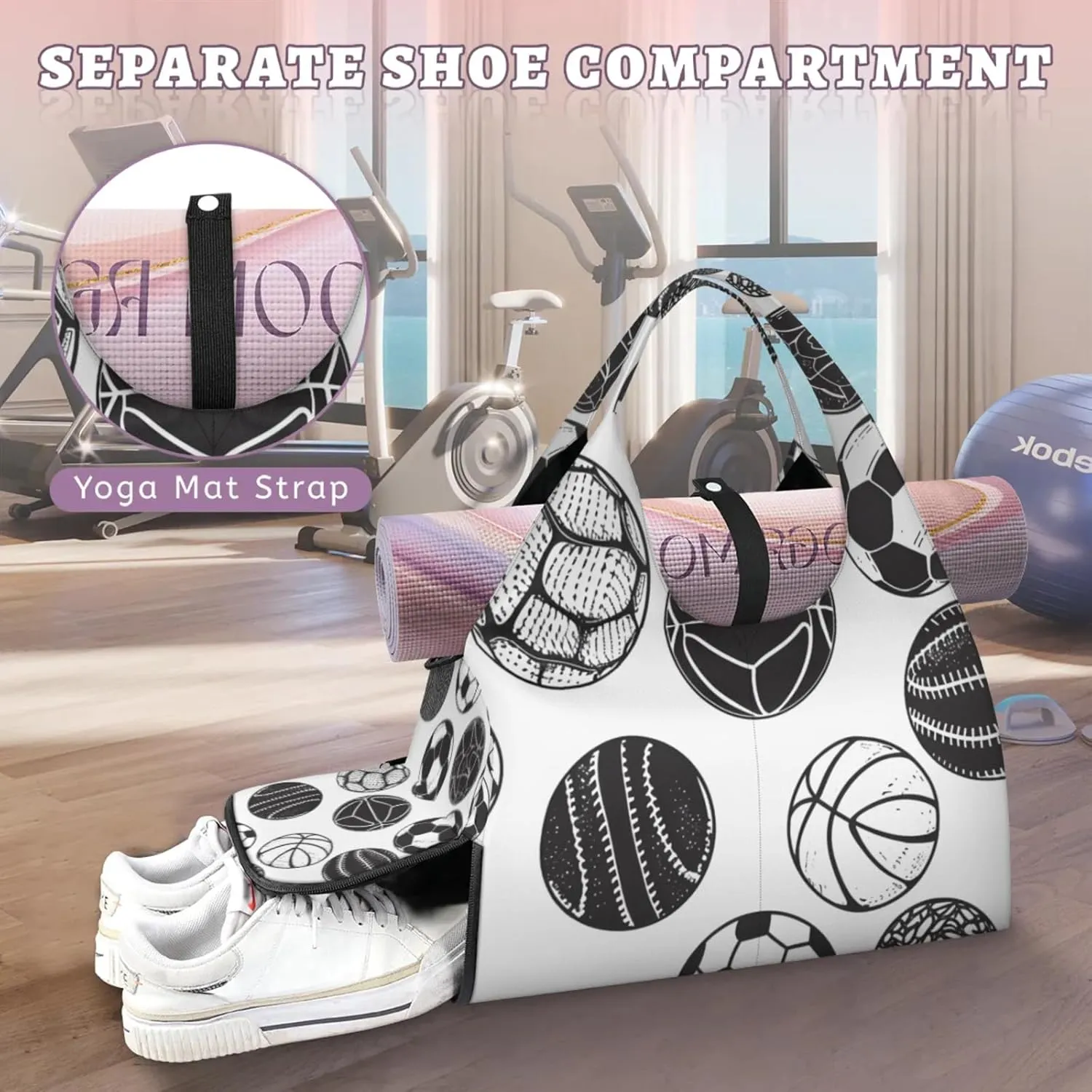 Gym Bag for Women Sport Ball Print Duffel Bag with Shoe Compartment and Yoga Mat Holder Portable Weekender Bags Travel Tote Bags