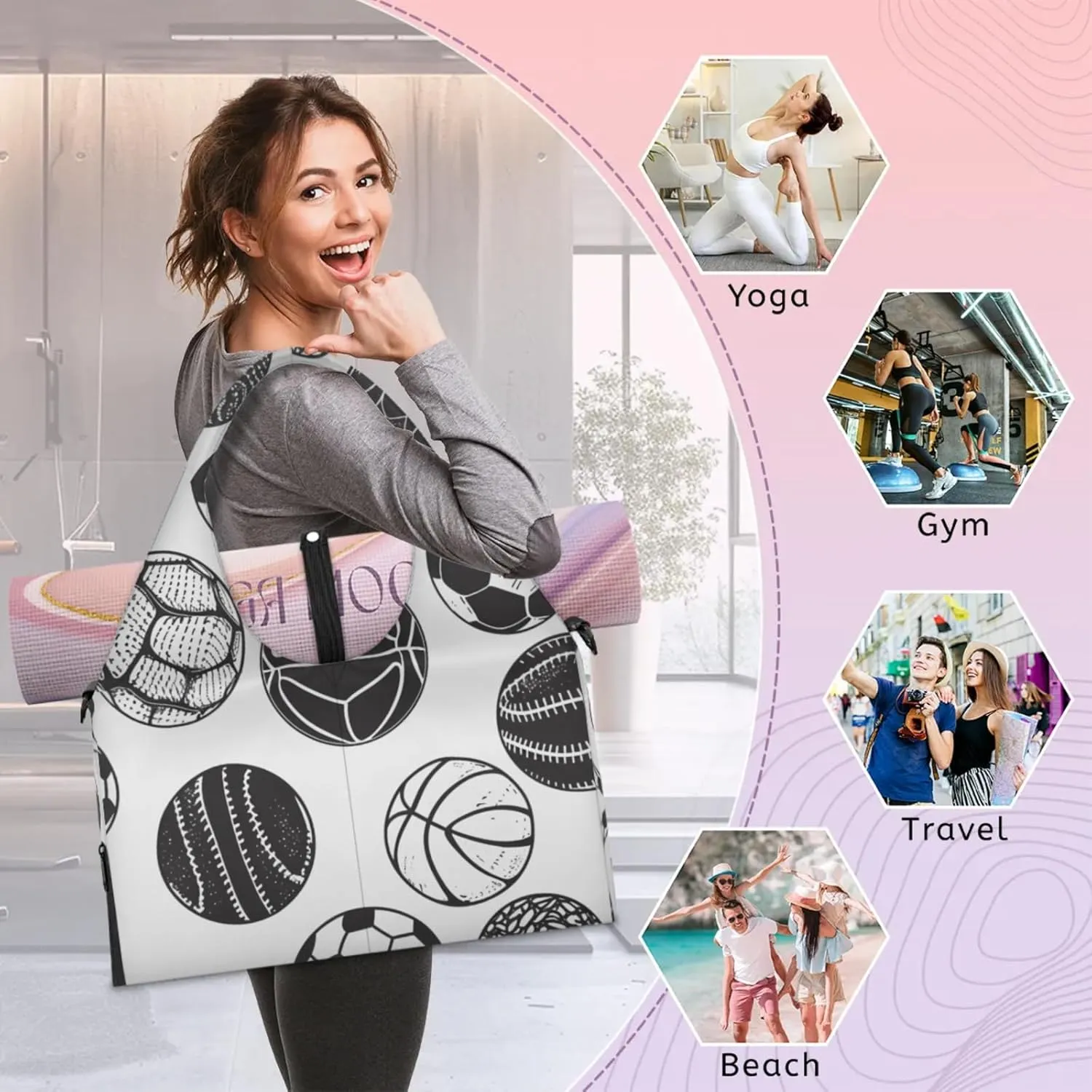 Gym Bag for Women Sport Ball Print Duffel Bag with Shoe Compartment and Yoga Mat Holder Portable Weekender Bags Travel Tote Bags