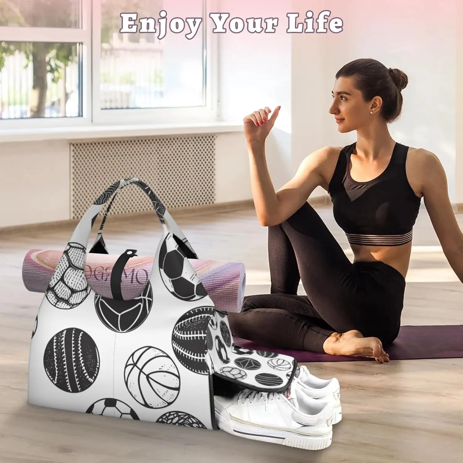 Gym Bag for Women Sport Ball Print Duffel Bag with Shoe Compartment and Yoga Mat Holder Portable Weekender Bags Travel Tote Bags