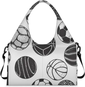Gym Bag for Women Sport Ball Print Duffel Bag with Shoe Compartment and Yoga Mat Holder Portable Weekender Bags Travel Tote Bags