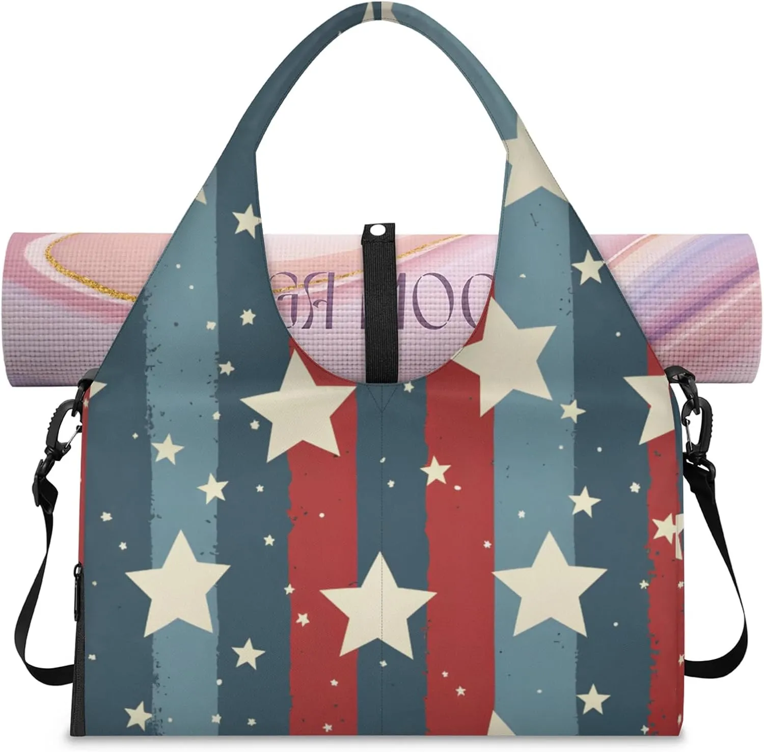Gym Bag for Women Stars Stripes Theme Duffel Bag with Shoe Compartment and Yoga Mat Holder Portable Weekender Bags Travel Tote Bags