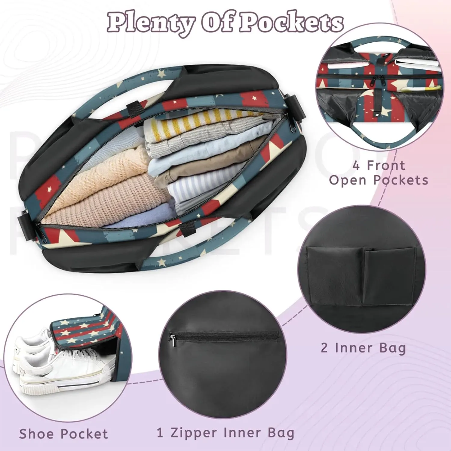 Gym Bag for Women Stars Stripes Theme Duffel Bag with Shoe Compartment and Yoga Mat Holder Portable Weekender Bags Travel Tote Bags