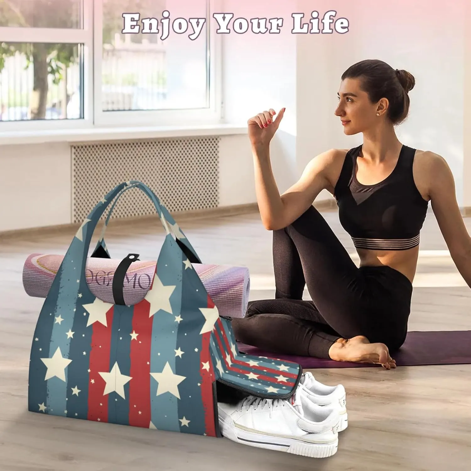 Gym Bag for Women Stars Stripes Theme Duffel Bag with Shoe Compartment and Yoga Mat Holder Portable Weekender Bags Travel Tote Bags