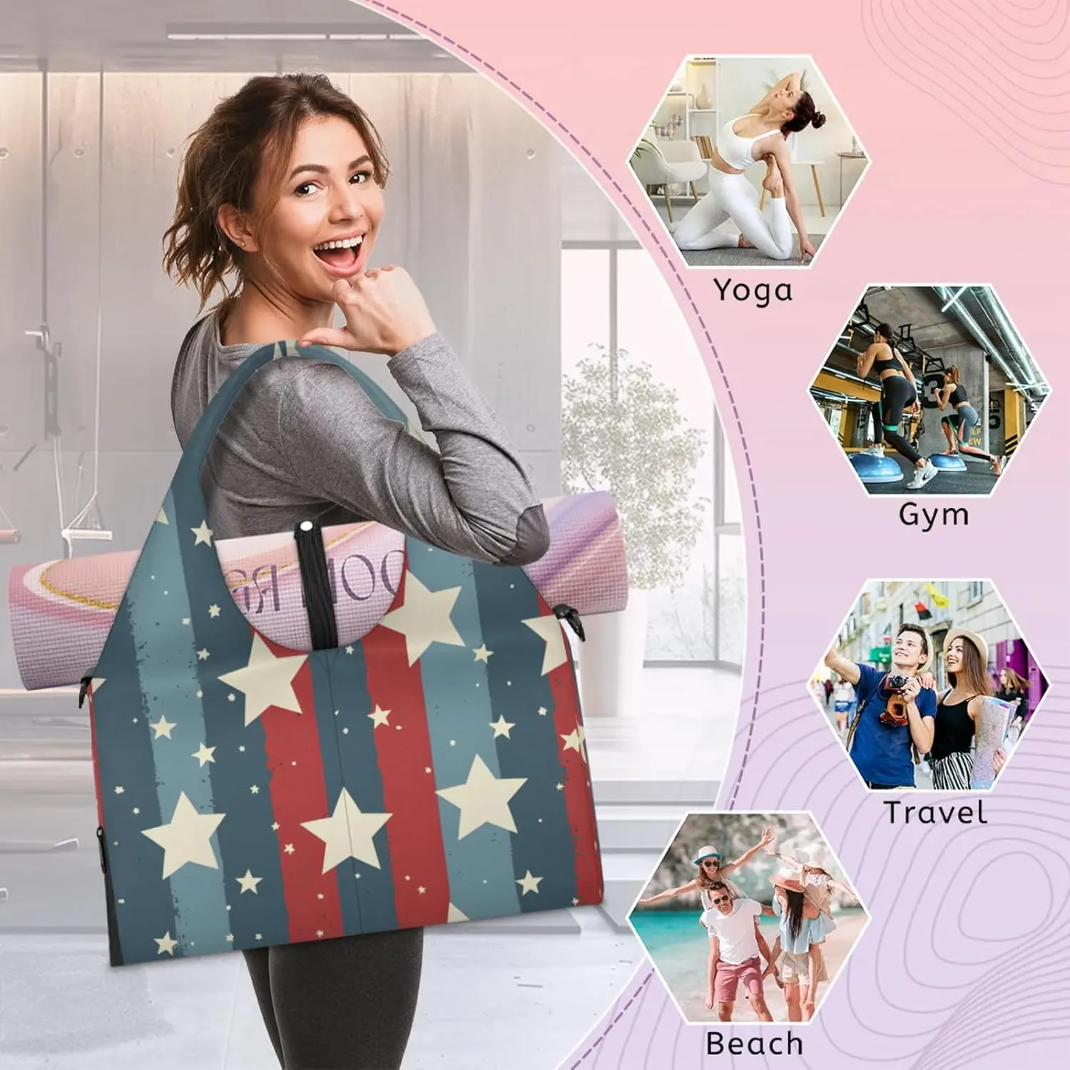 Gym Bag for Women Stars Stripes Theme Duffel Bag with Shoe Compartment and Yoga Mat Holder Portable Weekender Bags Travel Tote Bags