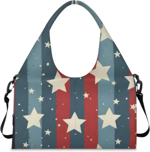 Gym Bag for Women Stars Stripes Theme Duffel Bag with Shoe Compartment and Yoga Mat Holder Portable Weekender Bags Travel Tote Bags