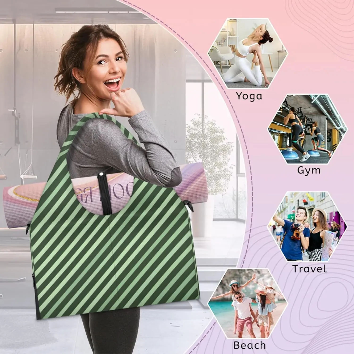 Gym Bag for Women Stripes Theme Duffel Bag with Shoe Compartment and Yoga Mat Holder Portable Weekender Bags Travel Tote Bags
