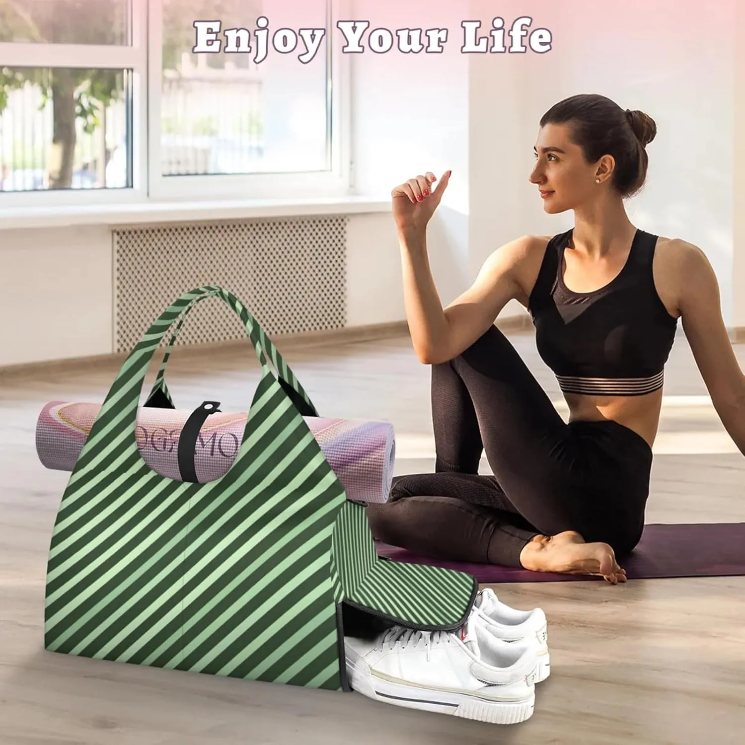 Gym Bag for Women Stripes Theme Duffel Bag with Shoe Compartment and Yoga Mat Holder Portable Weekender Bags Travel Tote Bags