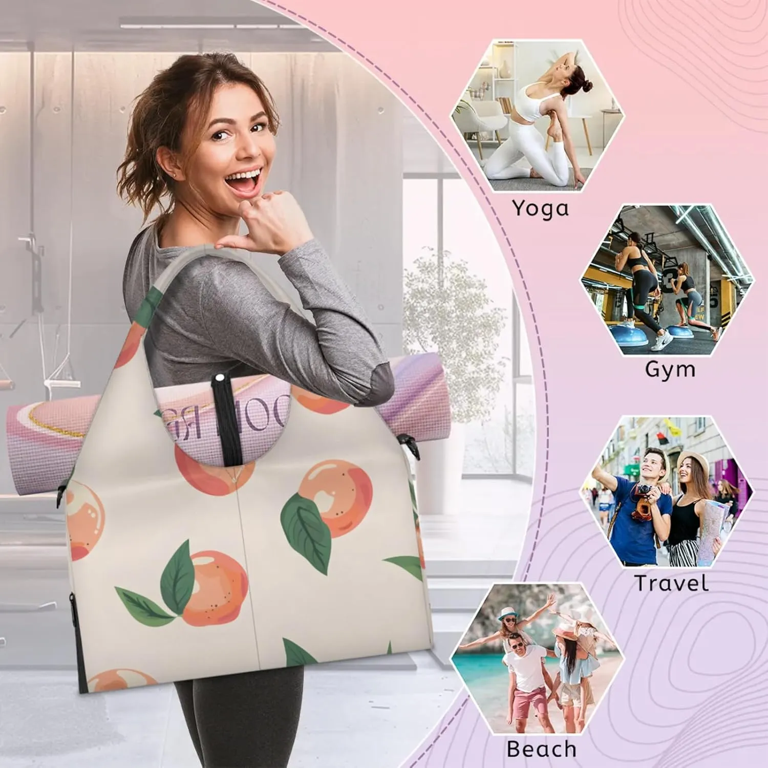 Gym Bag for Women Sweet Peach Duffel Bag with Shoe Compartment and Yoga Mat Holder Portable Weekender Bags Travel Tote Bags