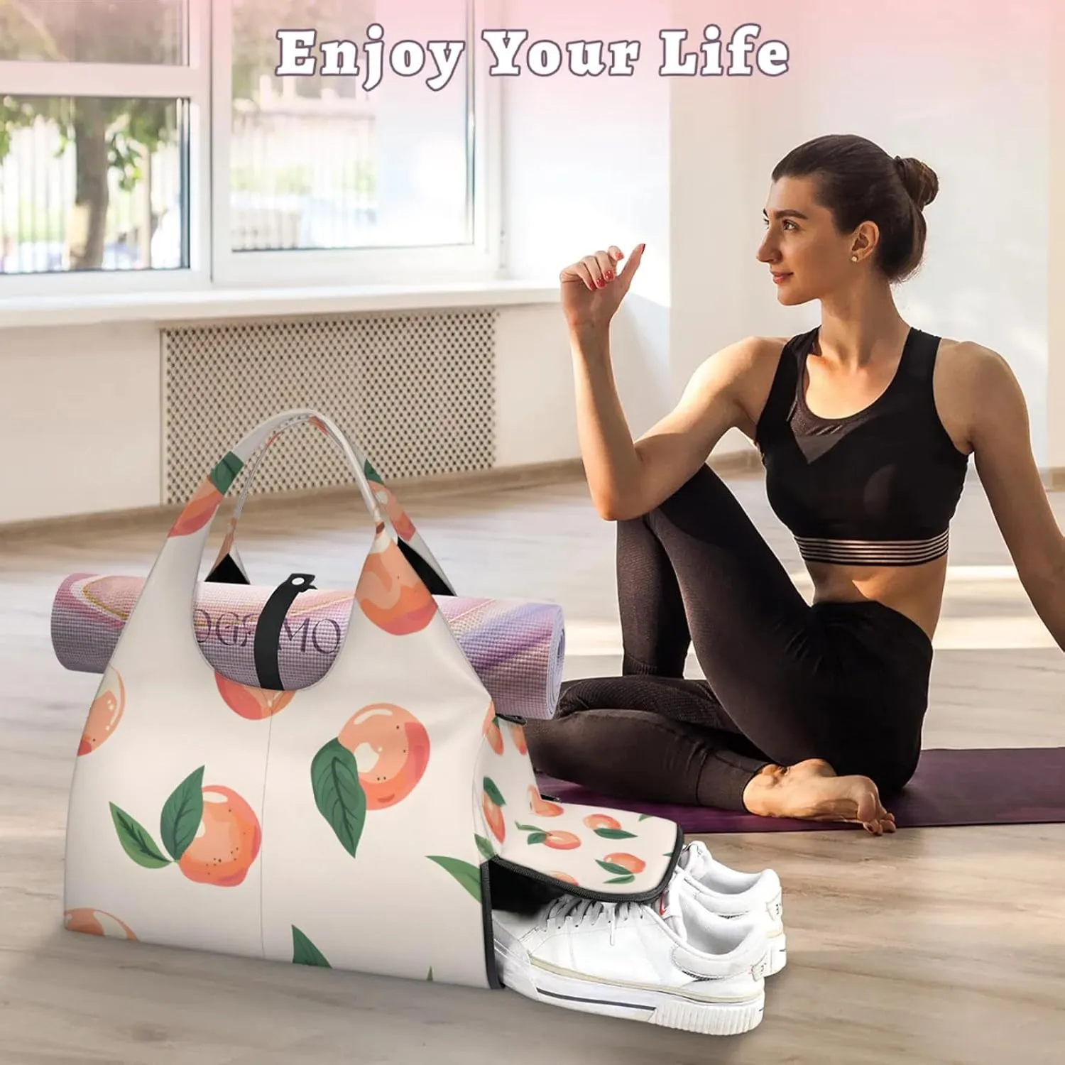 Gym Bag for Women Sweet Peach Duffel Bag with Shoe Compartment and Yoga Mat Holder Portable Weekender Bags Travel Tote Bags