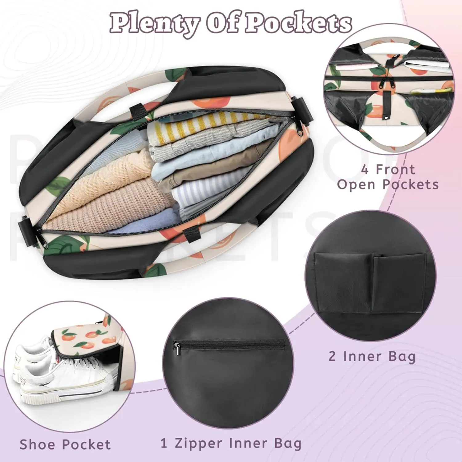 Gym Bag for Women Sweet Peach Duffel Bag with Shoe Compartment and Yoga Mat Holder Portable Weekender Bags Travel Tote Bags