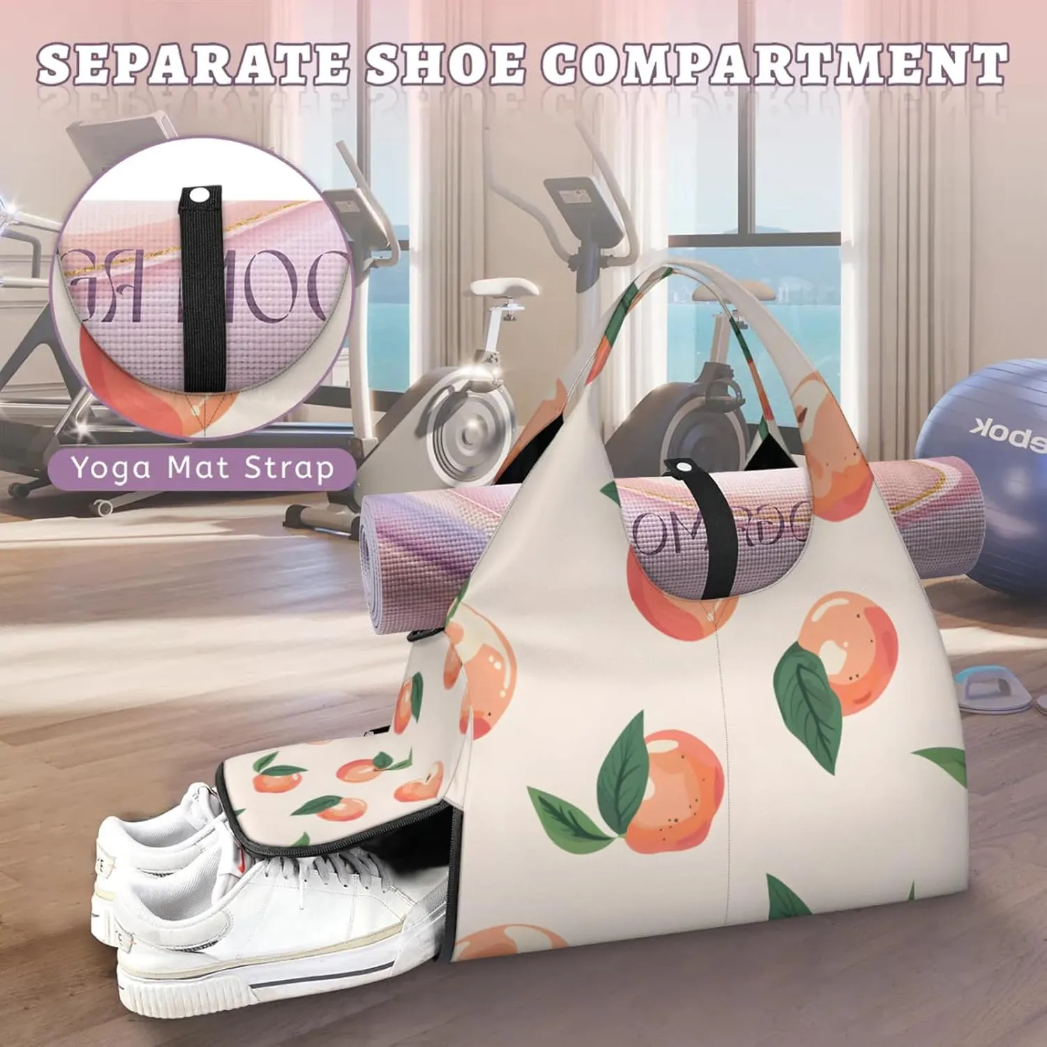 Gym Bag for Women Sweet Peach Duffel Bag with Shoe Compartment and Yoga Mat Holder Portable Weekender Bags Travel Tote Bags