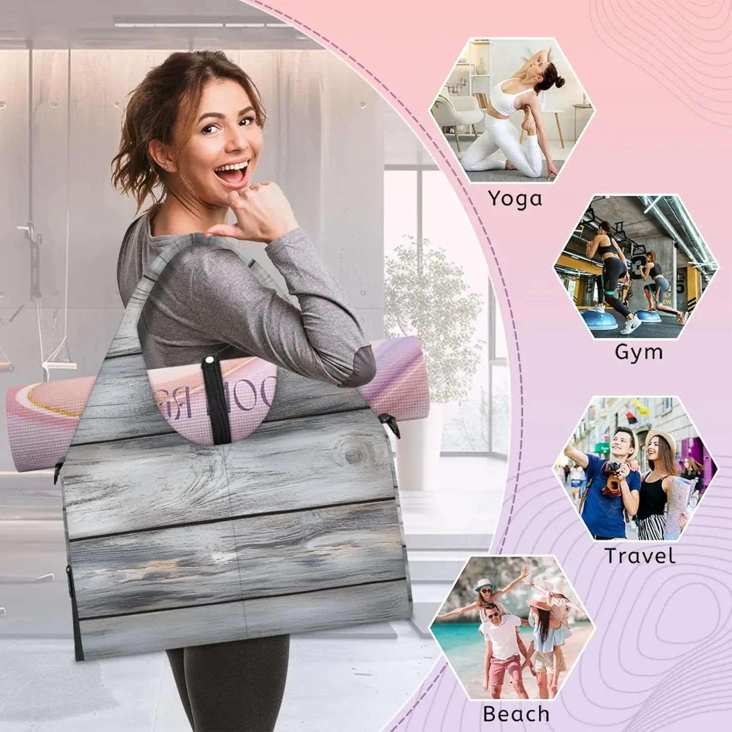 Gym Bag for Women Vintage Wood Duffel Bag with Shoe Compartment and Yoga Mat Holder Portable Weekender Bags Travel Tote Bags