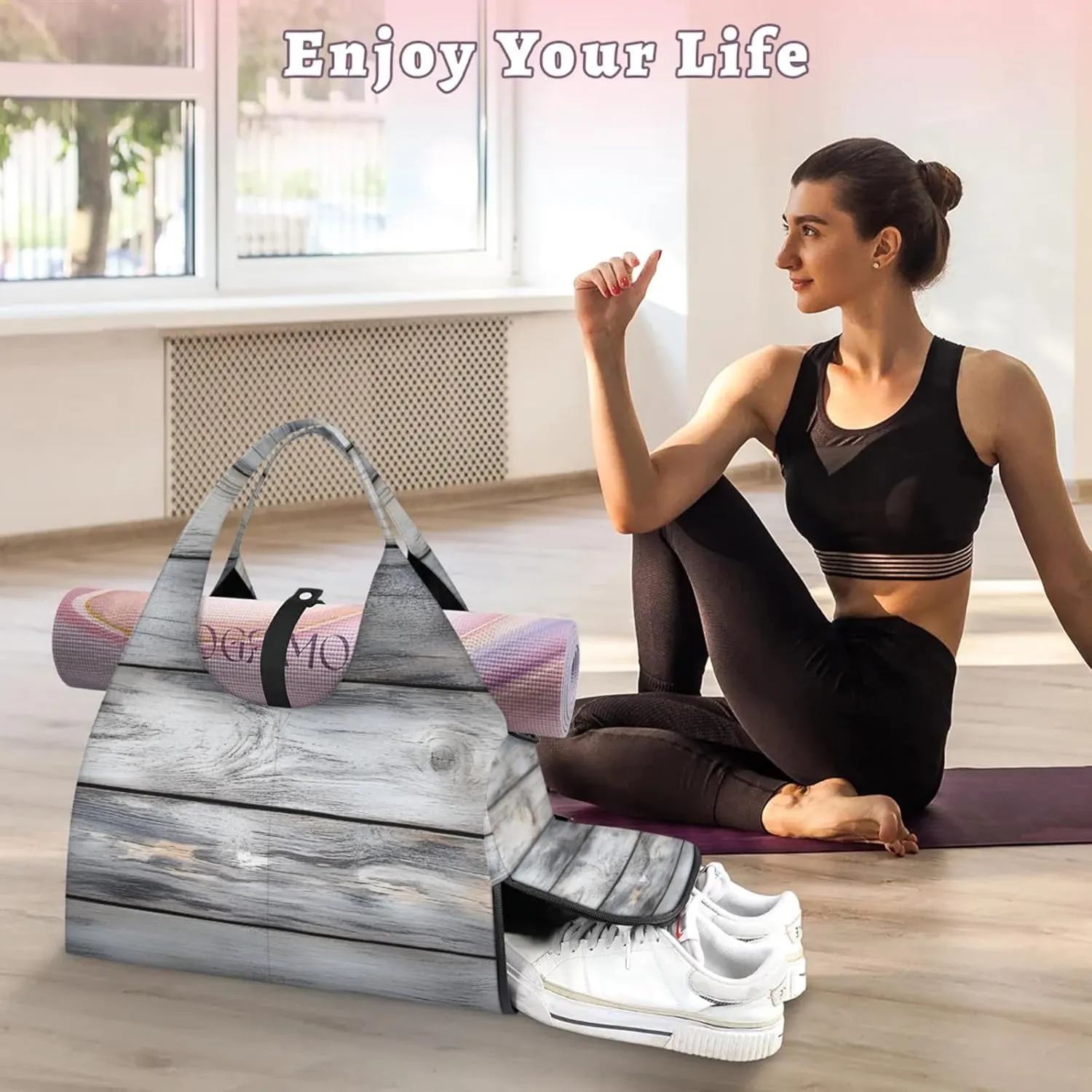 Gym Bag for Women Vintage Wood Duffel Bag with Shoe Compartment and Yoga Mat Holder Portable Weekender Bags Travel Tote Bags