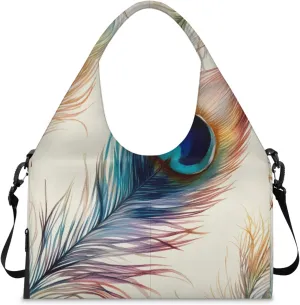 Gym Bag for Women Watercolor Peacock Feathers Duffel Bag with Shoe Compartment and Yoga Mat Holder Portable Weekender Bags Travel Tote Bags