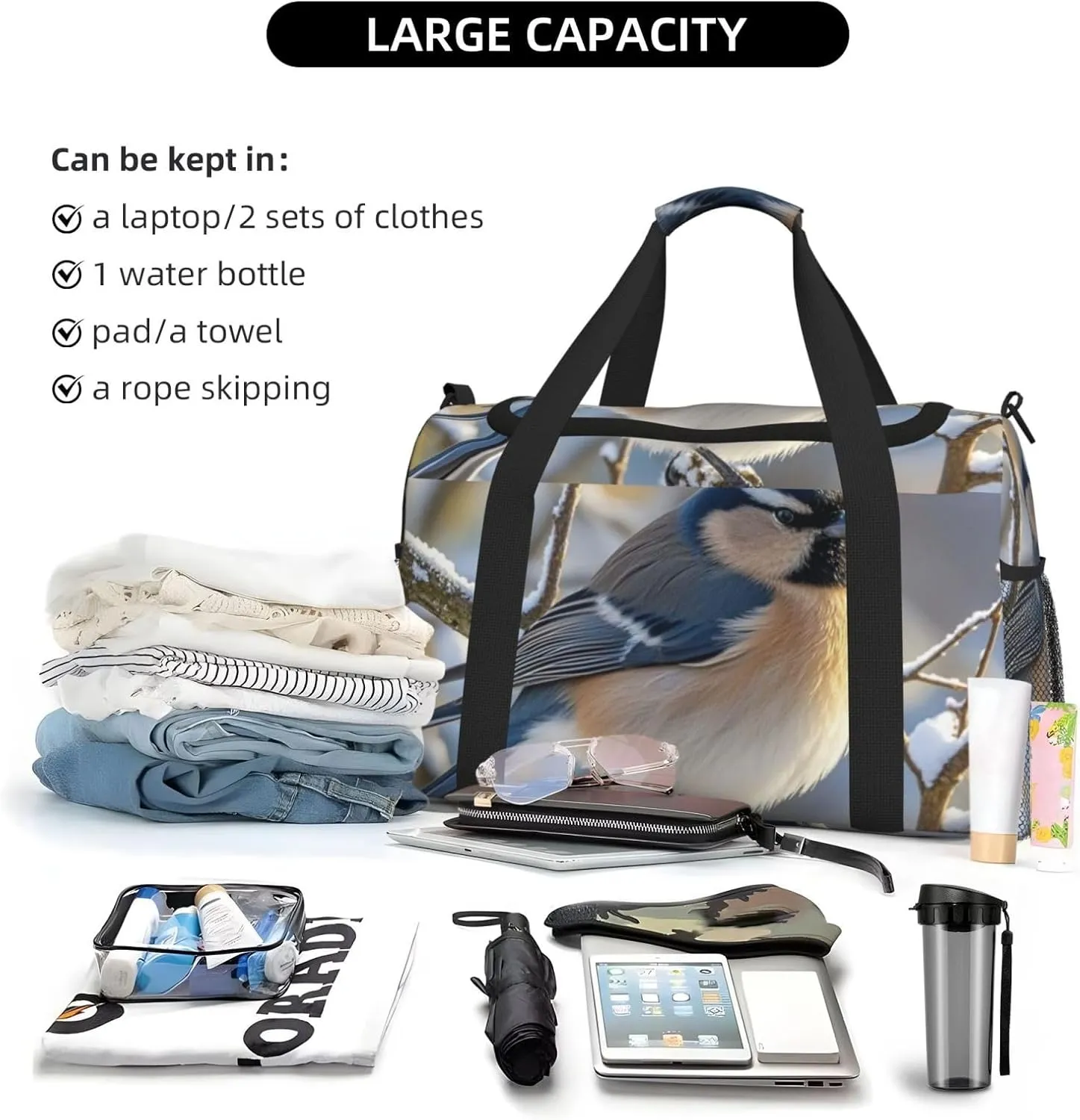 Gym Bag Winter Bird on Branch Duffel Bag for Men Women Travel Overnight Bag with Shoe Compartment Workout Bags