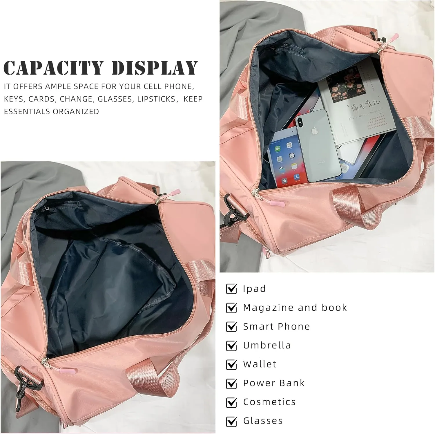 Gym Bag with Shoe Compartment, Weekender Bags for Women, Overnight Bag with Wet Pocket for Luggage Travel Workout Yoga, Pink