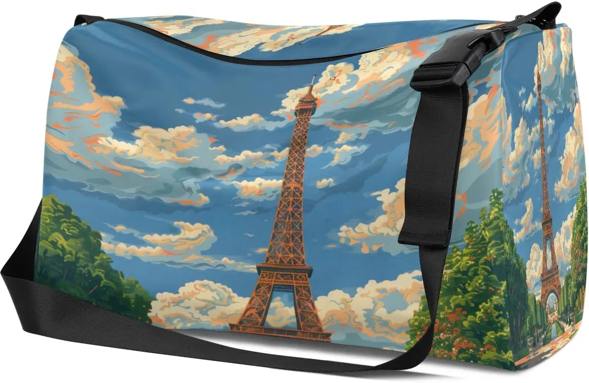 Gym Bags for Men 14.8 Inch Lightweight Carry On Bags for Airplanes Waterproof Duffle Bag for Travel, City Eiffel Tower Drawing