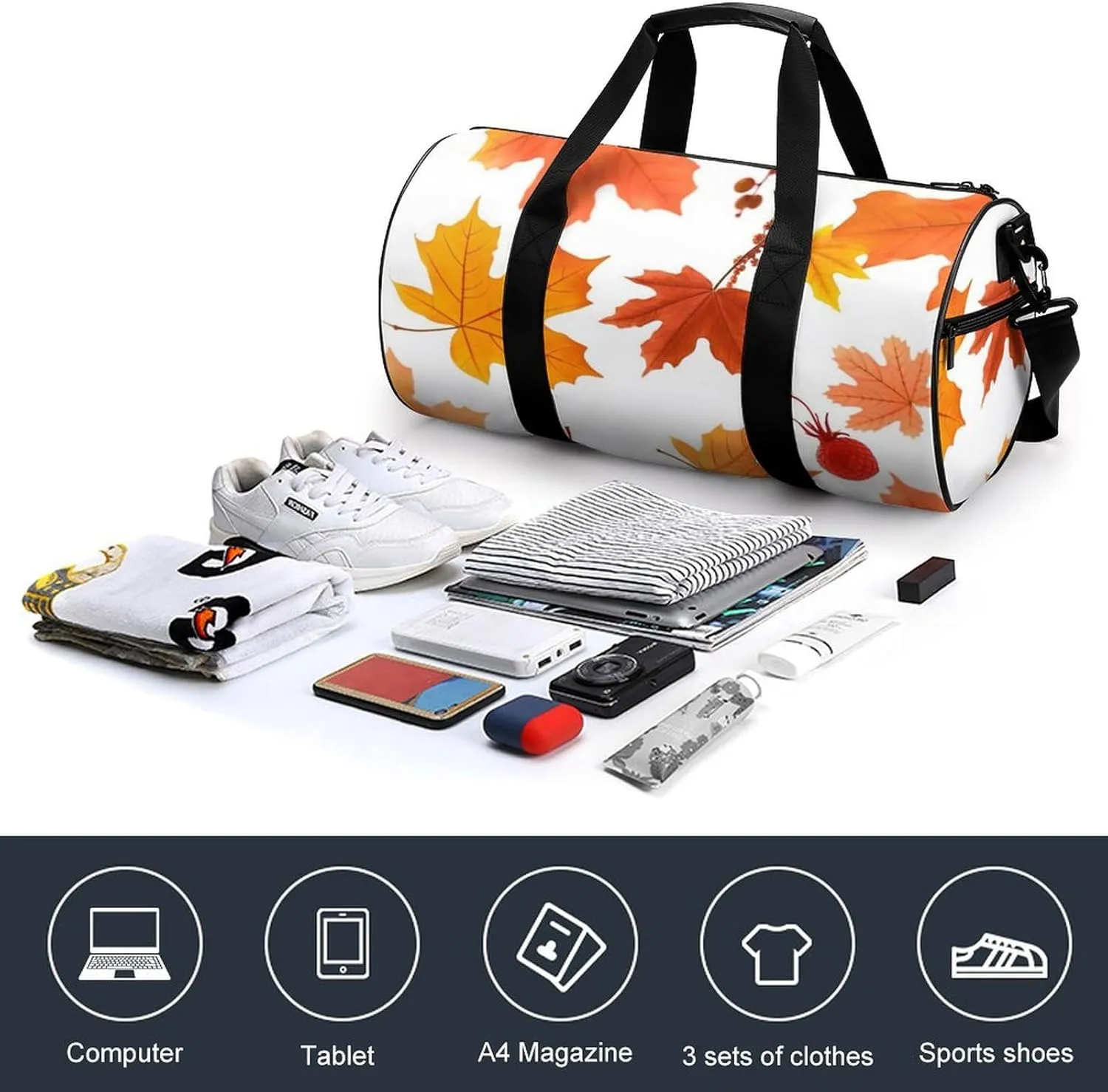 Gym Bags for Men Women Autumn Maple Leaves Duffle Bag Travel Overnight Bag with Shoe Compartment Tote Bags